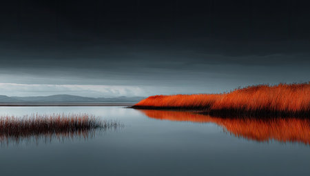 This image showcases a serene landscape with a body of water reflecting the sky. The foreground features orange reeds. The water mirrors the sky above and surrounding foliage. The scene is bathed in a soft light, enhancing the tranquil atmosphere. It can be used for various projects.の素材