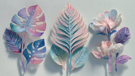 This image features watercolor illustrations of tropical leaves and flowers in shades of pink, blue, and purple. The composition presents a close-up view against a white background, highlighting the soft textures and delicate style of the artwork. The imagery could be suitable for various design projects or decorative purposes.の素材