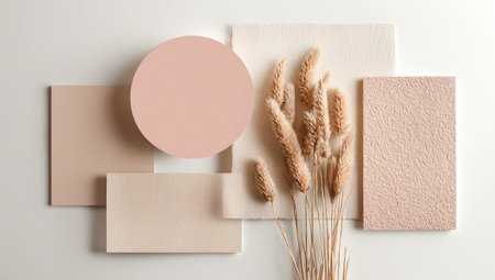 An overhead composition presents a geometric arrangement with rectangles, a circle, and dried grass. The palette features muted tones of beige, cream, and peach, complemented by the textures of the shapes and plant. This image is suited for various commercial applications, including design, decoration, or editorial content.の素材