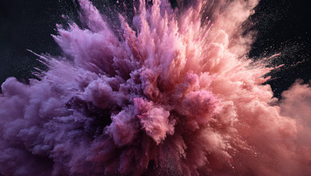 An artistic depiction showcases a vibrant explosion of pink and purple powder, creating a cloud-like structure. The composition utilizes a dark background to emphasize the bright colors and textures. This image could be used for various projects needing a dynamic and energetic visual element. The work may be suitable for advertising, or editorial uses.の素材