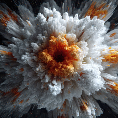 An abstract digital artwork depicts a stylized floral form in the midst of a dynamic explosion. The composition features textured white petals with accents of orange, set against a dark, contrasting backdrop. This unique image offers potential use for creative projects or visual displays.の素材