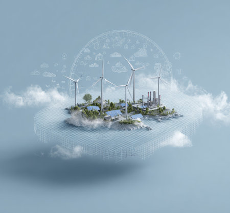 An aerial depiction shows an island featuring wind turbines and solar panels. The image presents a clean energy concept, with a focus on sustainable power. The composition showcases a detailed illustration against a backdrop of clouds and a soft blue gradient. Suitable for environmental, technology, or future-oriented projects.の素材