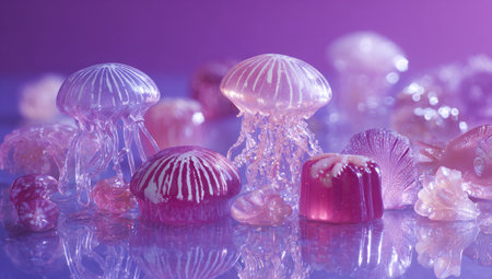 This image presents translucent jellyfish sculptures in varying sizes, primarily in shades of purple. The composition highlights the forms with soft lighting. The scene creates an artistic atmosphere. Suitable for designs requiring an imaginative concept or artistic representation, it can be used for diverse commercial purposes.の素材