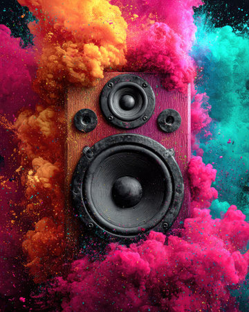 A close-up view presents an audio speaker enveloped by a cloud of colorful smoke. The speaker features multiple circular elements, with a wooden finish. The smoke exhibits a range of intense colors, including pink, orange, and blue. This image could be used for advertising, design projects, or music-related content.の素材