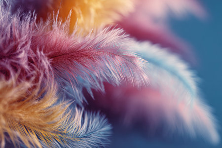 This image presents a detailed view of several colorful feathers, exhibiting various hues of orange, pink, purple, and blue. The composition highlights the soft texture, with the feathers arranged in a layered arrangement. The lighting appears soft, possibly from a diffused source, creating a sense of depth. Suitable for diverse design projects and visual content.の素材
