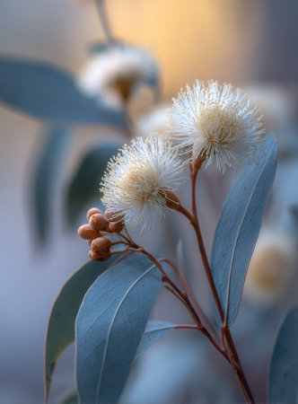 This image showcases delicate, white, fluffy flowers set against bluish-green leaves. The soft focus and lighting create a serene atmosphere. The composition emphasizes natural textures and details. This photo is suitable for various commercial applications, including editorial content and design projects.の素材