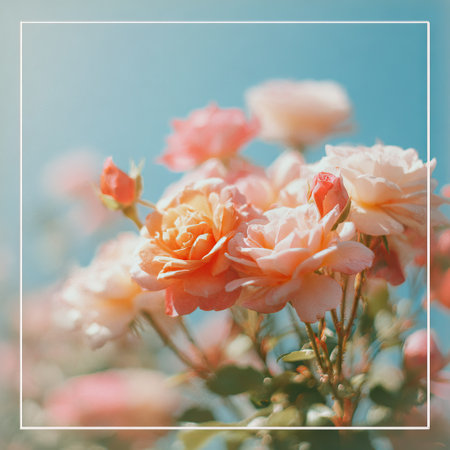 The image features a close-up of blooming roses, showcasing soft pink and yellow petals. The composition is set against a clear blue sky, with a blurred background. The style is delicate and evokes a sense of freshness and beauty, suitable for various design applications and projects.の素材