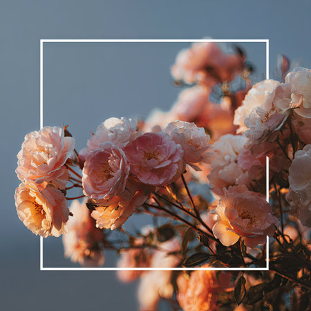 This image features a collection of pink roses in various stages of bloom, with a subtle blue backdrop. The flowers are captured in soft, natural sunlight, showcasing delicate petals and textures. A white square frame is placed around the flowers. Suitable for use in design projects or editorial content.の素材