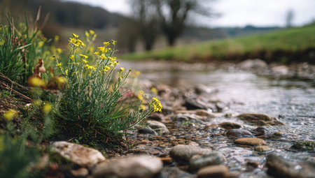 This image presents a shallow stream with yellow wildflowers and various pebbles. The composition highlights natural textures and colors, with selective focus on the foreground elements. Soft lighting suggests an outdoor setting, potentially during the day. It is suitable for commercial uses such as nature-themed projects or editorial content.の素材
