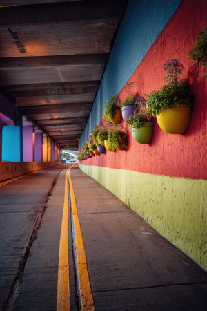 An underpass showcases a row of potted plants against a textured wall with varied colors. The composition emphasizes a perspective view, leading the eye along a road lined with yellow markings. This image, with its daylight setting and architectural elements, might be suitable for diverse commercial applications.の素材