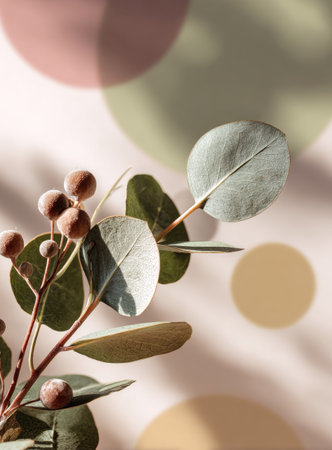 A close-up image showcases a eucalyptus branch with fresh green leaves and small brown berries. The composition features soft lighting and a blurred backdrop of pastel circles. This image could be suitable for various design projects, including print materials, website design, or decorative art.の素材