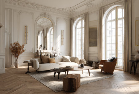 An interior shot showcases a spacious living room featuring large arched windows, allowing natural light to fill the room. The space is furnished with a sofa, chairs, and a wooden floor. The overall style suggests a bright and airy atmosphere suitable for editorial and commercial applications.の素材