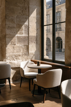 An interior shot reveals a small round table and two chairs near a large window. Sunlight streams through the window, illuminating the space and highlighting the textures of the stone wall. The scene is composed in a vertical format and could be suitable for lifestyle and design publications.の素材