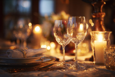 A close-up view presents a formal dining arrangement featuring crystal wine glasses. Warm candlelight illuminates the scene, casting soft highlights and shadows. The composition suggests an intimate occasion, with focus on fine details and textures. This image is suitable for various commercial uses, including advertisements.の素材