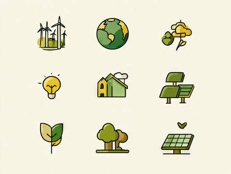 This set features various icons illustrating environmental themes. The graphics depict wind turbines, a globe, leaves, trees, a lightbulb, a house, and solar panels. The style includes flat design with muted colors and outlines, suitable for illustrating concepts related to ecology, environment, or sustainability. They can be used for informational materials or commercial applications.の素材