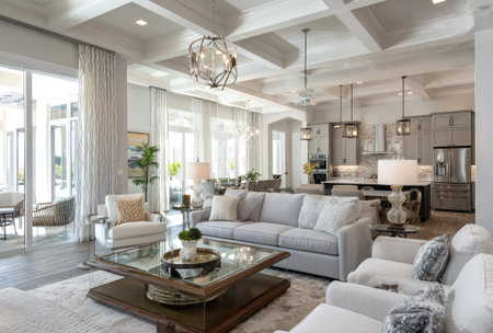 This image showcases a modern living room featuring a comfortable sofa and armchairs. The room is bathed in natural light, with a bright and airy ambiance. The style reflects a contemporary design with a focus on simplicity. Suitable for various commercial applications, it represents a stylish residential space.の素材