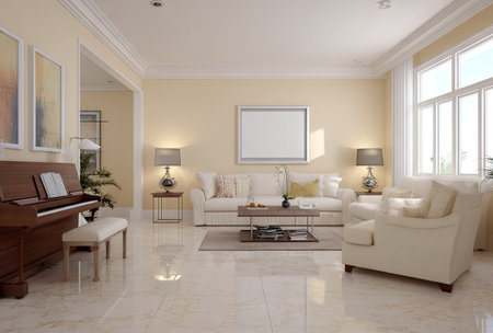 A spacious living room featuring a grand piano, comfortable sofa, and armchair, bathed in natural light. The scene showcases neutral tones, creating a calm and inviting atmosphere. It incorporates simple decor with classic design elements. Suitable for interior design, real estate, and lifestyle content.の素材