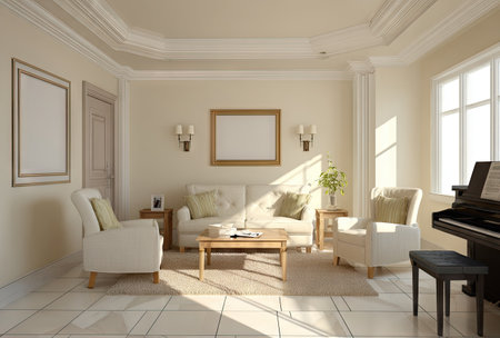 An interior shot showcases a cozy living room, featuring a sofa, armchairs, and a piano. The space is bathed in natural light, with a warm color palette of cream and beige. This setting has a minimalist design, which is complemented by the framed artworks and simple furniture. Suitable for various commercial and decorative purposes.の素材
