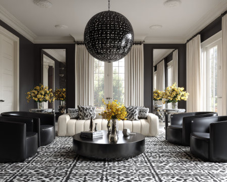 A sophisticated living room showcases contemporary design elements. The composition features a white sofa, black armchairs, and a patterned rug. Overhead, a statement chandelier hangs, while large mirrors and sheer curtains add visual depth. This setting is suitable for various commercial uses, including interior design and lifestyle themes.の素材