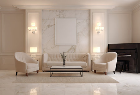 This image showcases a sophisticated living room interior featuring a comfortable sofa, matching armchairs, and a grand piano. The scene is illuminated by soft lighting, highlighting the textures of the furnishings. The composition implies a luxurious and inviting atmosphere suitable for various editorial and commercial applications.の素材