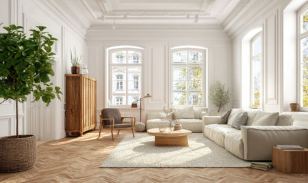 This interior showcases a spacious living room featuring neutral color tones. The room includes seating arrangements, wooden furniture, and decorative elements. Natural light streams in through large windows, highlighting the clean lines and textures. Suitable for commercial projects, this image can be used for presentations and visual content.の素材