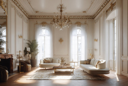 This interior showcases a luxurious living room with a neutral color palette. The scene features detailed architectural elements, including ornate ceiling designs and large arched windows. Natural light streams into the space, illuminating the room's textures and creating a serene atmosphere, suitable for various design projects and editorial content.の素材