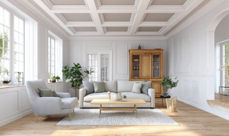 This interior showcases a bright, spacious living room with a neutral color palette. The scene features a sofa, armchair, and wooden cabinet, with several potted plants. Natural light streams in through large windows, highlighting the room's textures and creating a welcoming atmosphere. Suitable for use in lifestyle or architectural publications.の素材