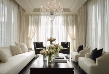This living room showcases a sophisticated design featuring a cream sofa, dark armchairs, and matching ottomans. Soft, natural light filters through sheer curtains, illuminating the space. The composition includes a central coffee table adorned with floral arrangements. This image could be used for interior design projects or lifestyle publications.の素材