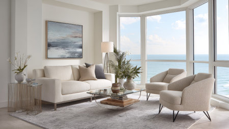 A bright living room showcases contemporary design, featuring a cream-colored sofa and chairs. The scene is illuminated by natural light from large windows, offering an expansive ocean view. Artwork and decorative elements enhance the space. Ideal for showcasing interior design, lifestyle, and home decor themes.の素材