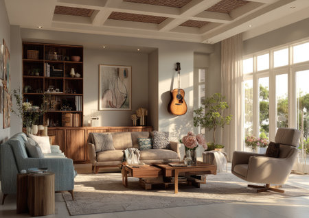 This living room interior showcases a comfortable seating arrangement with a guitar hanging on the wall. The space is bathed in natural light, highlighting the neutral color palette and the textures of the furniture. The composition suggests a relaxed atmosphere, suitable for various editorial and commercial applications.の素材