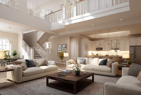 This image showcases a spacious interior with modern design elements. The room features comfortable sofas, a dark wooden coffee table, and an open kitchen area. The composition benefits from natural lighting and a neutral color palette. This image is suitable for use in design, architecture, or lifestyle publications.の素材