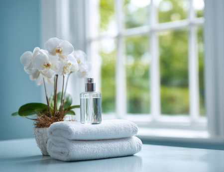 A close-up captures an orchid plant, a perfume bottle, and folded white towels. The scene is illuminated by soft, natural light, likely near a window. The composition uses a shallow depth of field, with a focus on textures and delicate details. Suitable for beauty, spa, and lifestyle concepts.の素材