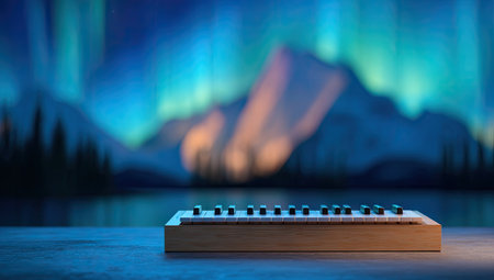 An electronic musical instrument sits on a wooden table, its keys prominent. The background showcases a blurred, abstract landscape with mountains and colorful lights. Cool colors dominate the composition, suggesting a night or twilight setting. Suitable for various creative and commercial applications needing music-related visuals.の素材