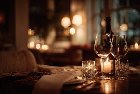 A close-up view presents a restaurant table elegantly set for dining. Wine glasses and candle light create a warm, inviting atmosphere. The scene features soft lighting, a blurred background, and subtle textures. Ideal for illustrating themes of fine dining, events, or luxury experiences. Suitable for various editorial and commercial projects.の素材