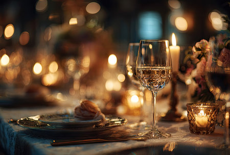 An inviting table displays a sophisticated setting with wine glasses and flickering candlelight. The composition showcases golden hues, creating a warm ambiance. The focus is on the textures and reflections, with bokeh effects softening the backdrop. The image could serve various purposes such as event promotion or visual content.の素材