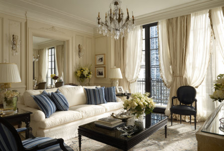 This living room showcases a bright and airy interior featuring a plush sofa, decorative chandelier, and large window. Soft curtains, neutral color palettes, and natural light contribute to a comfortable and inviting atmosphere. Suitable for illustrating home decor, real estate, or lifestyle content, it is suitable for various editorial and commercial applications.の素材