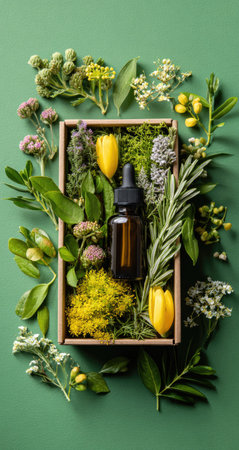 An essential oil bottle sits within a wooden box, surrounded by a vibrant assortment of fresh herbs and flowers. The composition showcases a diverse range of green foliage and yellow blossoms against a green background. The image has soft lighting and a high-angle perspective, suitable for health and wellness related projects.の素材