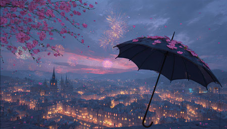 An open umbrella is featured against a night cityscape with building lights and a fireworks display. The scene is bathed in cool hues with pink cherry blossom branches framing the view. This digital illustration evokes a feeling of tranquility and could be used for various design projects or editorial content.の素材
