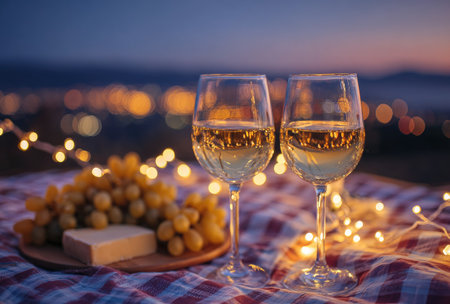 Two wine glasses filled with white wine are set on a picnic blanket, accompanied by a bunch of grapes and a piece of cheese. The scene is illuminated by string lights against a blurred backdrop. The composition features a shallow depth of field, with soft colors, suggesting a romantic, relaxing evening, suitable for various editorial and commercial applications.の素材