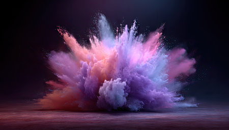 An artistic rendering presents a vibrant explosion of colorful powder, dominated by hues of pink, purple, and orange. The composition features a dark backdrop, creating a contrast that emphasizes the dynamic cloud. This image could be used for various design projects, advertising campaigns, or artistic illustrations.の素材