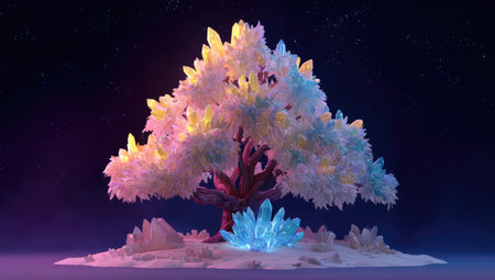 An illustrated tree with crystalline leaves and trunk stands prominently. The artwork features a vibrant color palette of blues, pinks, and yellows, with the tree and surrounding crystals illuminated. The image employs soft lighting and a digital art style. Suitable for various creative projects and design purposes.の素材