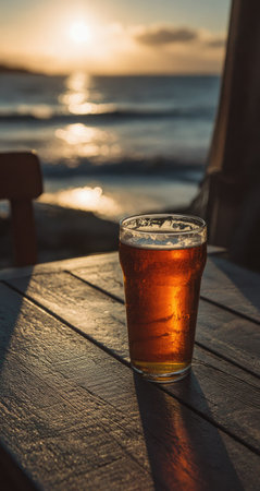 A glass of beer sits on a wooden table, illuminated by the warm light of a setting sun. The image features the ocean in the background, with soft lighting and a blurred effect, creating a relaxed, outdoors environment. Suitable for editorial and commercial projects related to beverages or leisure.の素材