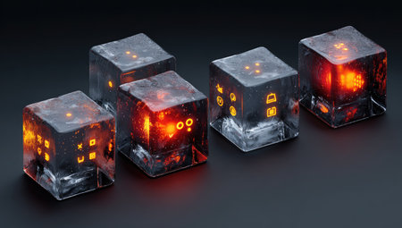 Five translucent cubes display internal illuminated symbols against a dark backdrop. The cubes are arranged to create visual interest. The warm orange lighting contrasts with the cooler tones of the cubes. Suitable for illustrating technology, data, or communication concepts. Ideal for commercial applications.の素材