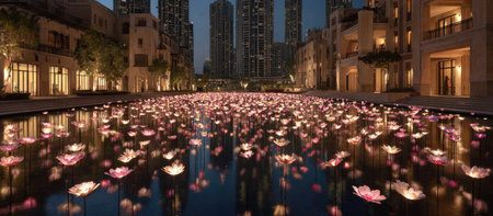 An evening scene depicts a body of water filled with illuminated lotus flowers. Tall buildings stand in the background under an overcast sky. Warm lighting from buildings and the floating flowers creates a sense of serenity. This image could be used for various commercial or editorial projects, suggesting tranquility.の素材