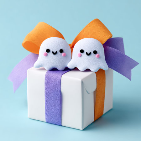 A white gift box is adorned with cheerful ghost figures and vibrant ribbons. The composition features a clean, soft lighting and a focus on the playful elements. The pastel color palette and minimalistic style suggest potential use in festive or decorative designs. The image is ideal for use in commercial projects.の素材
