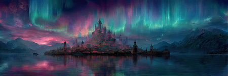 A digital illustration presents a fantasy scene featuring a castle surrounded by water, under a vibrant display of aurora borealis. The composition utilizes a color palette of blues, greens, and purples. The visual elements suggest a fantastical setting, potentially for various creative projects such as book covers and website graphics.の素材