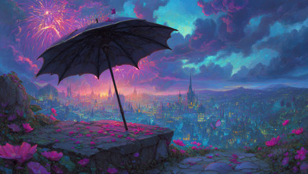 An illustration showcases an open umbrella placed on a stone surface overlooking a city at dusk. Vivid colors, including blues, purples, and pinks, create a fantasy scene. The composition includes an expansive sky and a distant skyline. This artwork could be used for various design and editorial purposes.の素材