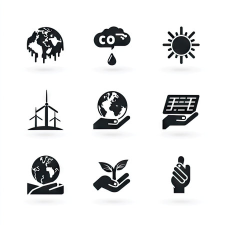 This image showcases a collection of black and white icons representing environmental concepts. The illustration features graphic elements like a melting earth, solar panels, and wind turbines. Suitable for use in a variety of visual communication projects and can be applied to environmental awareness materials.の素材