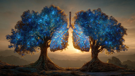 Two trees with vibrant blue foliage form the shape of lungs in this artwork. The trees have textured brown trunks and roots. The scene features a warm sunset or sunrise, creating a gradient sky. The overall style suggests a digital illustration suitable for health, nature, or conceptual projects.の素材