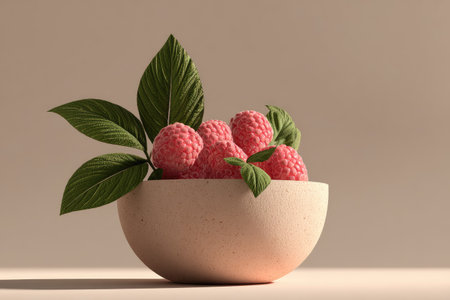 A close-up shot presents a bowl of ripe raspberries, accented by vibrant green leaves. The composition showcases the berries' texture against the smooth bowl. The scene is illuminated with soft lighting, suggesting an indoor setting. Suitable for various commercial applications, it highlights the fresh fruit.の素材